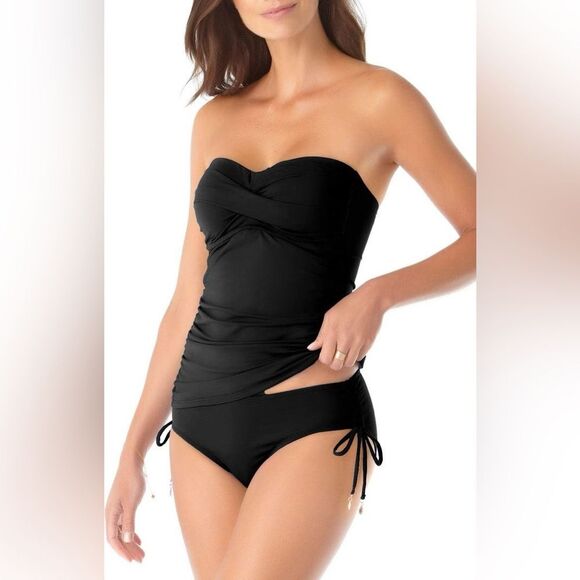 NWT Anne Cole | Women's Solid Twist Front Bandeaukini Swimwear Top Black XL - Picture 2 of 7